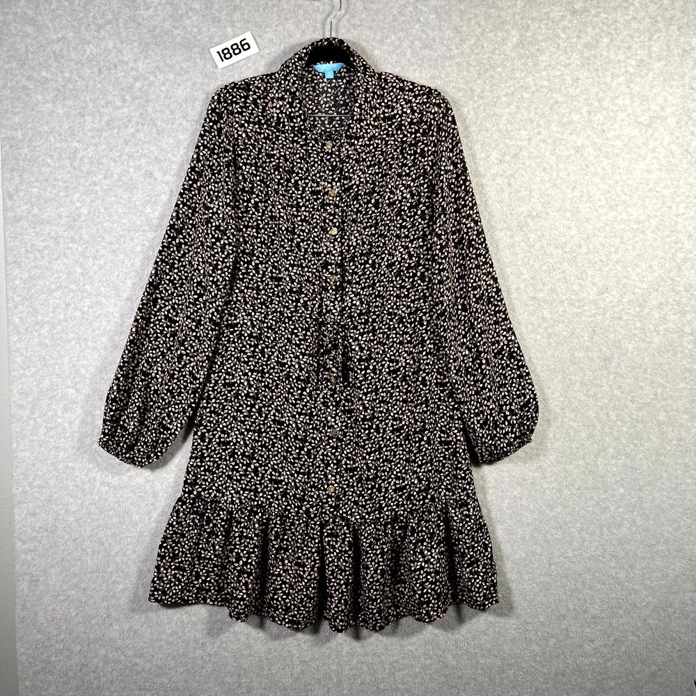 Draper James RSVP Dress Womens Small‎ Beige Black Floral Puff Sleeve Peplum Hem